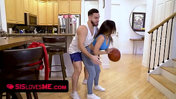 Mind-blowing black-haired with a bodacious Latina bod invites stepbro to assist in a basketball game